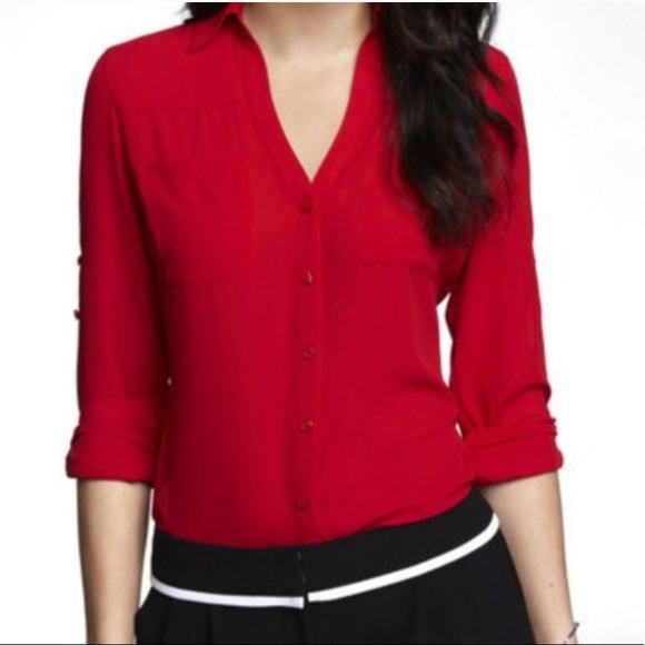 Express Scarlet Red Portofino Button Up Blouse - Picture 4 of 9